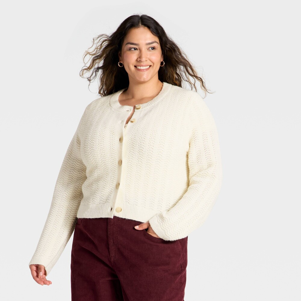 Women's Lace Stitch Cardigan Sweater - Universal Thread™ Cream XXL